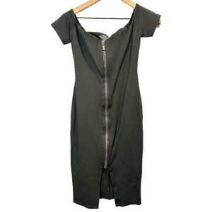 Xtaren Women’s Olive Green Front Zip Off the Shoulder Bodycon Midi Dress Small